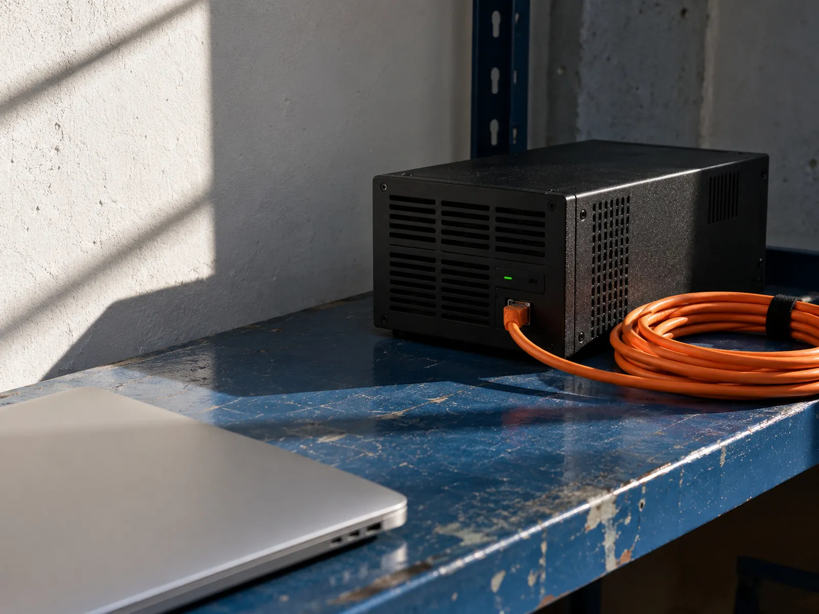 A small server on a workbench beside a closed laptop and an orange cable