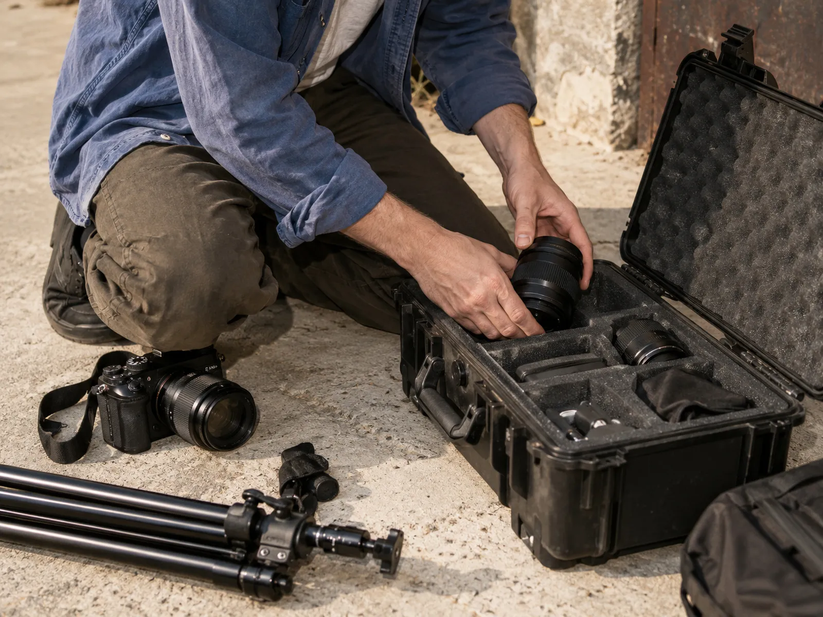 A photographer packing lenses into a padded case beside a camera and tripod