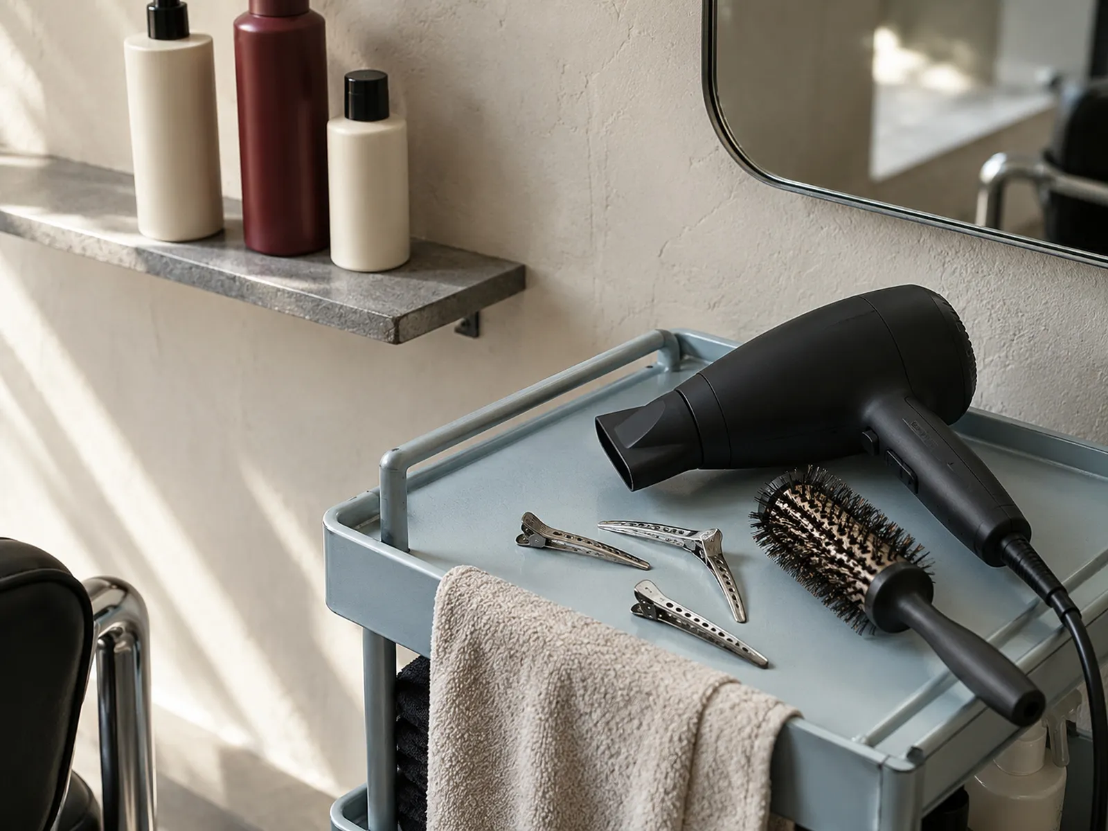 A hairdryer, brush and clips on a salon trolley