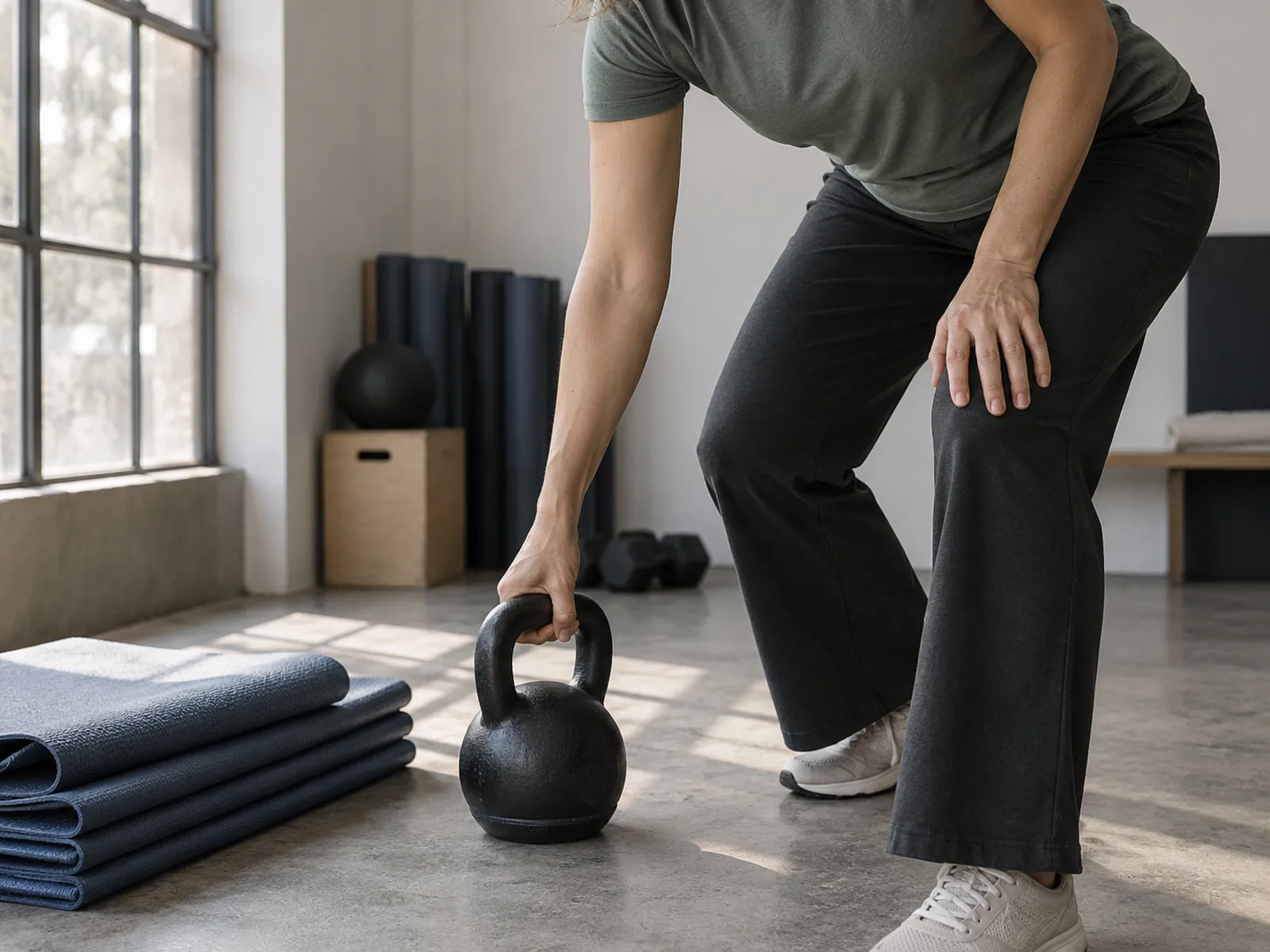A fitness instructor lifting a kettlebell in a studio