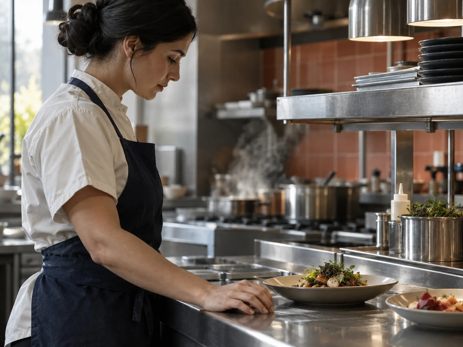 A cook checking a plate at a restaurant kitchen pass