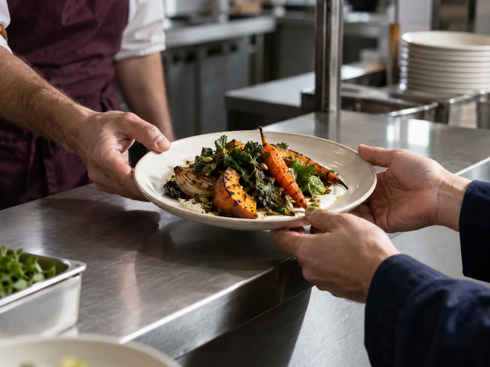 A plate of food handed across a kitchen counter