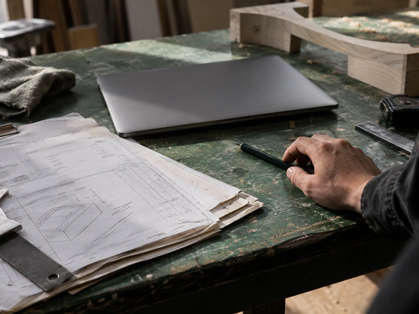 A hand on drawings and paperwork at a workshop bench beside a closed laptop