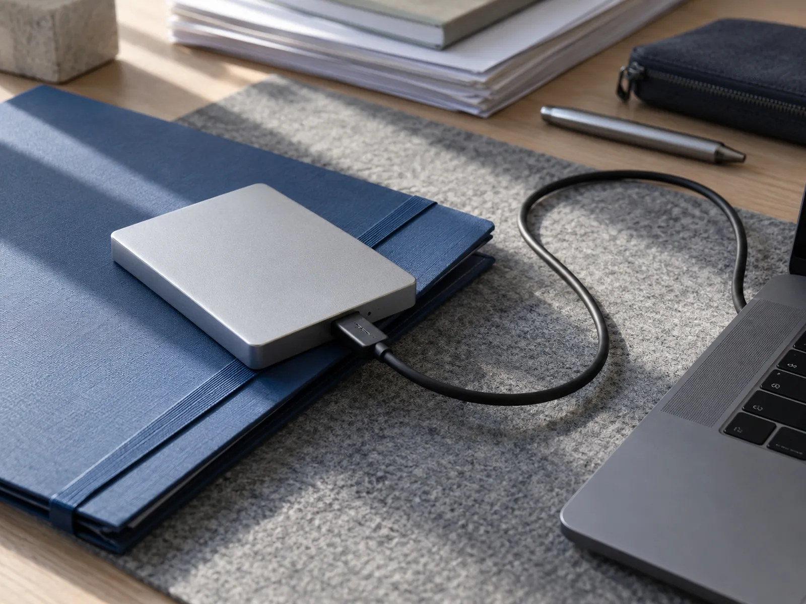 An external hard drive connected to a laptop on a desk beside a blue folder
