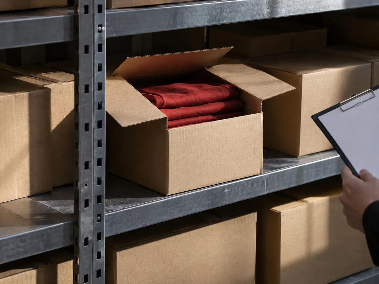 Boxes of stock on warehouse shelving, checked against a clipboard
