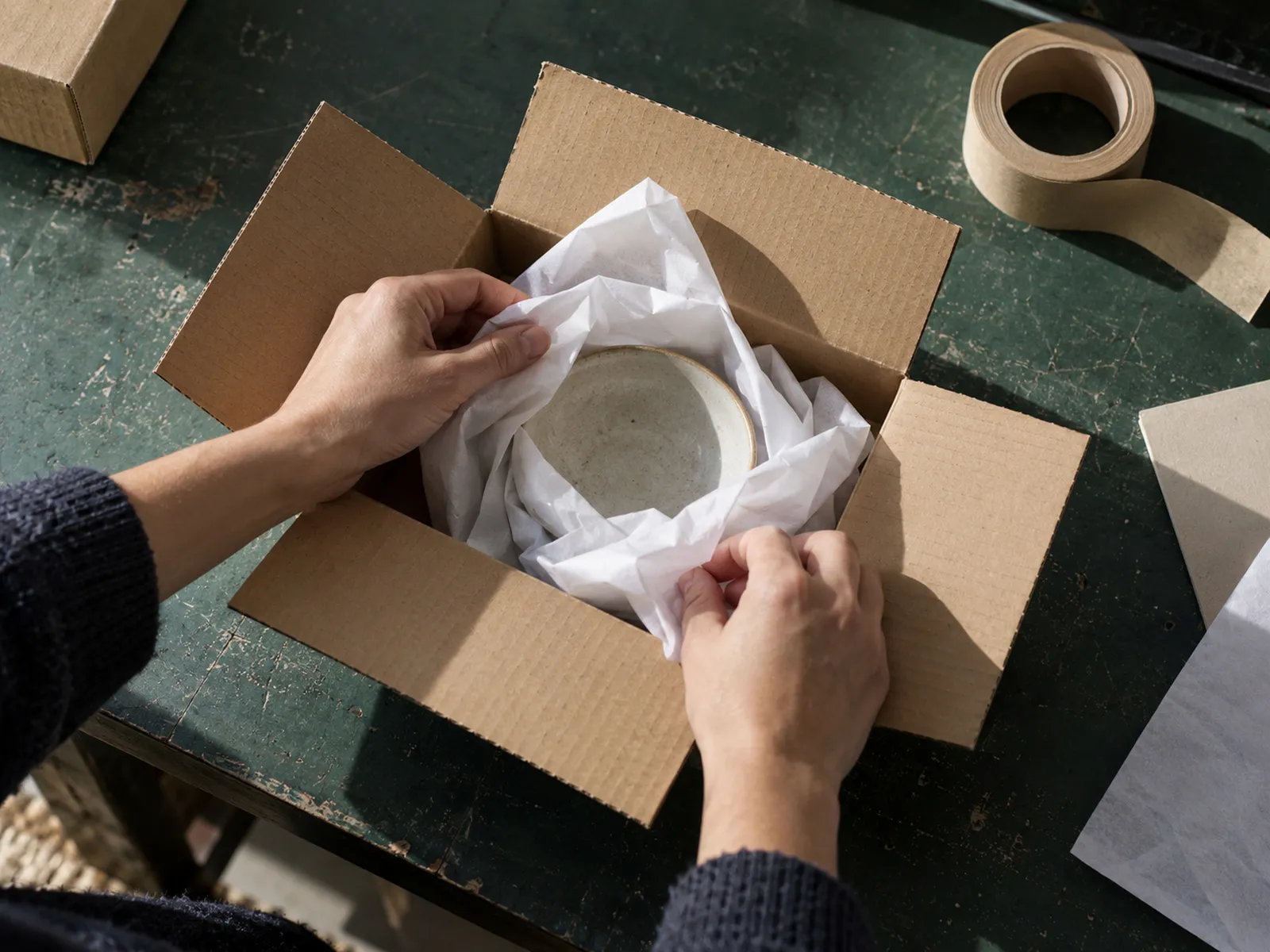 Hands packing a ceramic bowl into a box with tissue paper